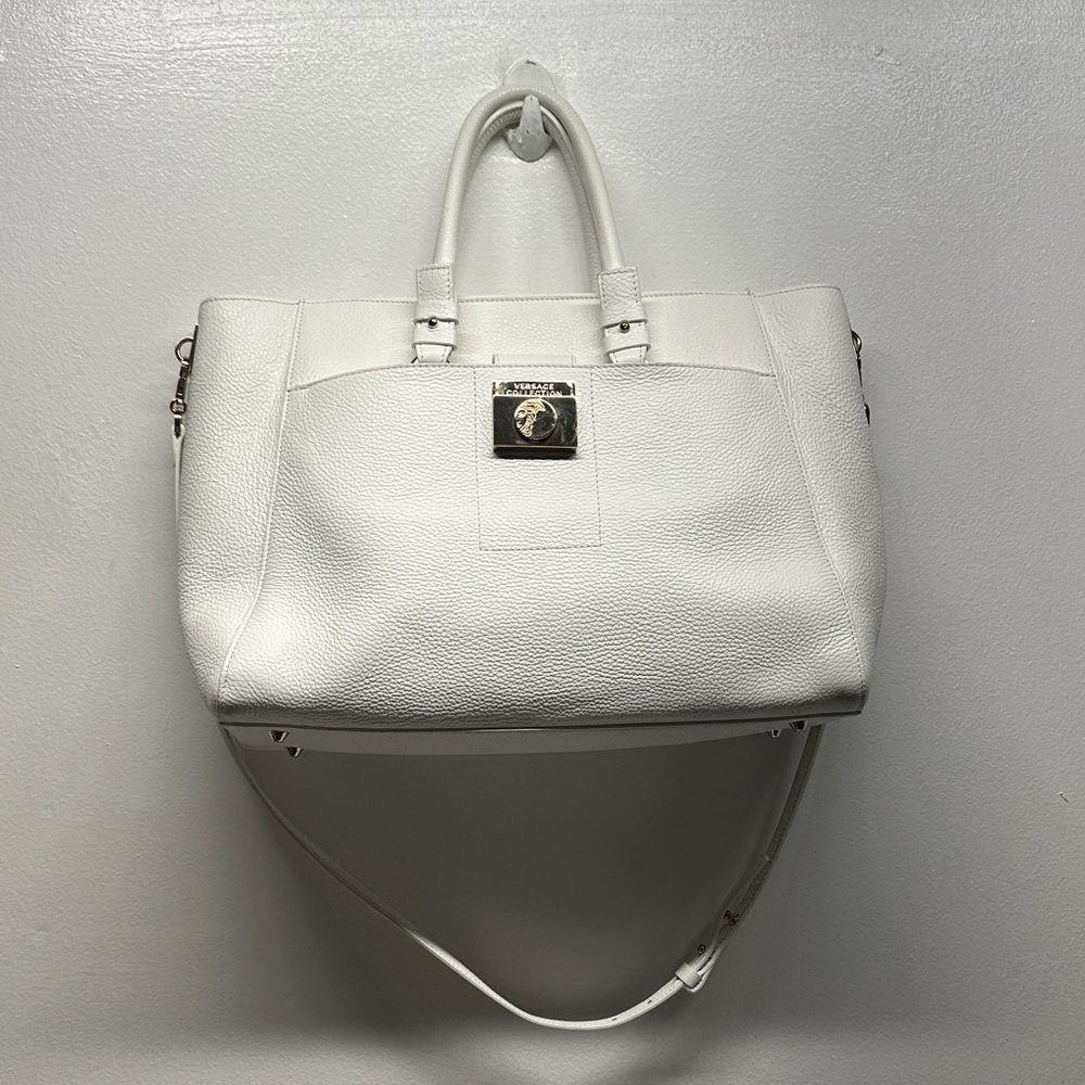 Versace Collection Purse Handbag Crossbody Italian Leather White Gold Large